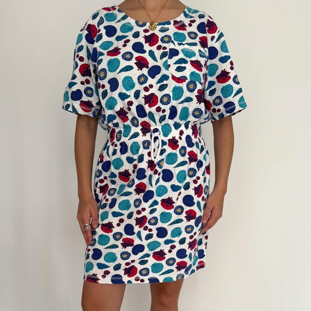 90s vintage multicolor seashell vacation print beach swim cover up cotton dress